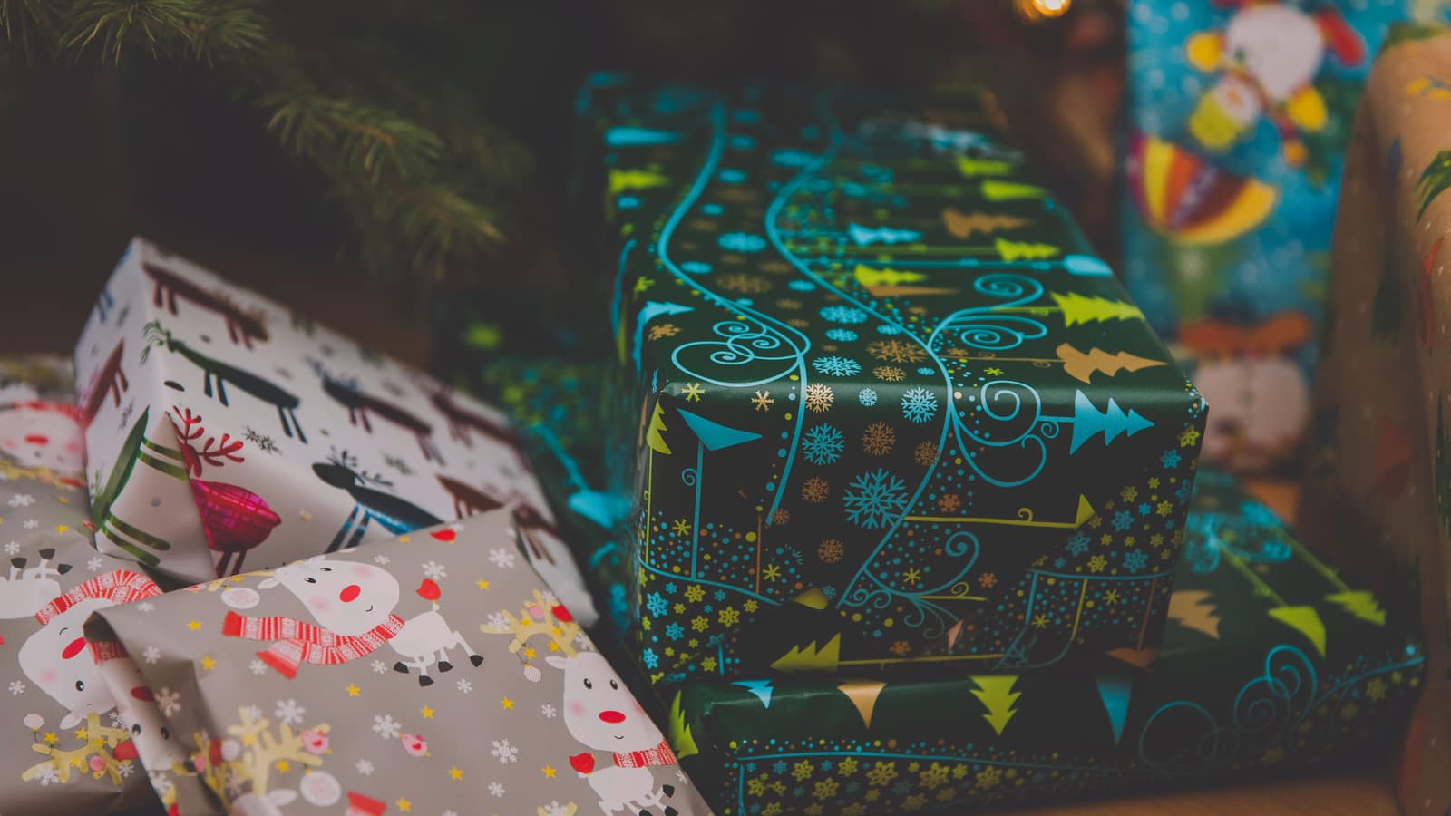 Wrapped presents arranged under a Christmas tree
