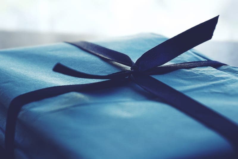 A wrapped present tied with a blue ribbon