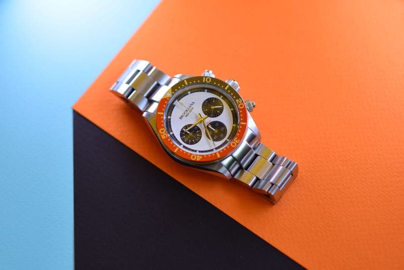 A chronograph watch on a steel bracelet